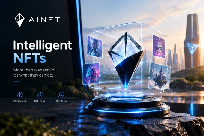 A digital advertisement for 'AINFT' featuring the text 'Intelligent NFTs - More than ownership. It's what they can do.', alongside icons for AI-Powered, DeFi Ready, and On-Chain, and a 3D Ethereum logo displaying NFT collectibles.