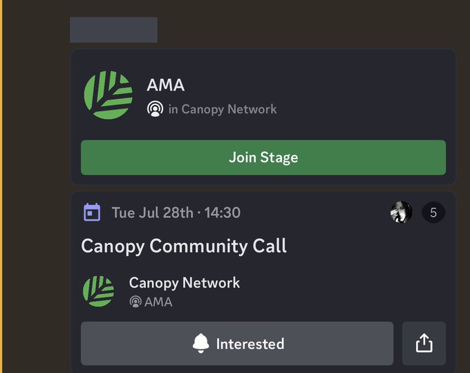 A dark-themed digital interface showing an AMA event with a 'Join Stage' button and details for a 'Canopy Community Call' scheduled for Tue Jul 28th at 14:30.