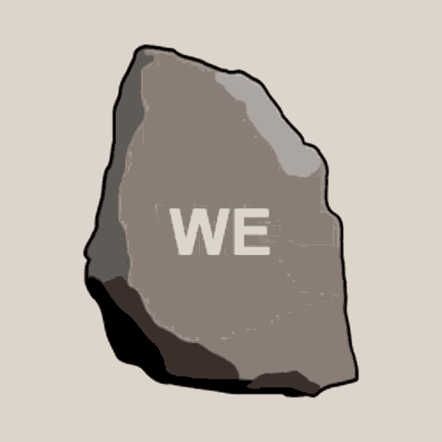 A digital illustration of a gray stone with the letters "WE" inscribed in white at its center, set against a light beige background.