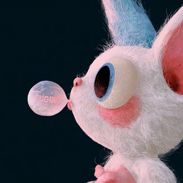 A fluffy, 3D-rendered white bunny character with blue-tipped ears blows a pink bubblegum bubble that has the word 'FUGUM' imprinted on it.