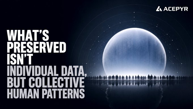 An 'ACEPYR' branded image with text 'WHAT'S PRESERVED ISN'T INDIVIDUAL DATA, BUT COLLECTIVE HUMAN PATTERNS' alongside silhouettes of people standing before a large glowing sphere.