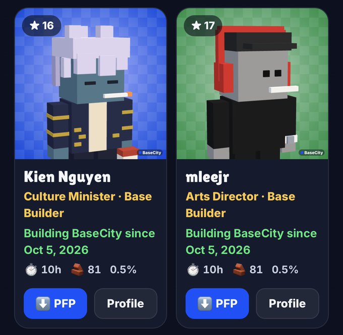 Two Base Builder profile cards for Kien Nguyen (Culture Minister) and mleejr (Arts Director), both building BaseCity since Oct 5, 2026, with voxel art avatars.