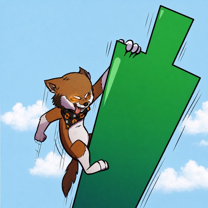 A cartoon illustration of an aggressive brown wolf or dog character clinging to a large green arrow pointing upward against a cloudy sky.