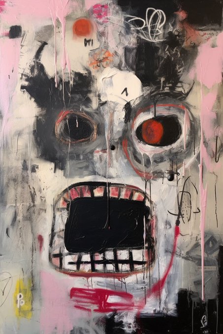 A striking mixed-media painting of a skull-like face with hollow eyes and a wide, grid-toothed grimace, rendered in black, white, pink, and red with dripping paint. Scattered markings include "MI," "1," and a small signature in the corner, evoking raw, graffiti-style emotion that complements the post's haunting theme of "someone else's scream" offered as a limited NFT edition.