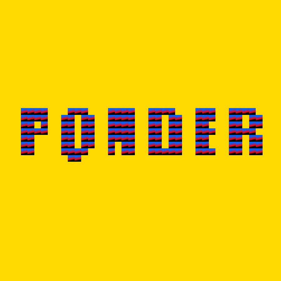 The image features the word "PONDER" in bold, blocky letters with a vibrant striped pattern of blue, red, and black, set against a bright yellow background—likely serving as branding or promotional artwork for the PONDER collective's new drop announcement.