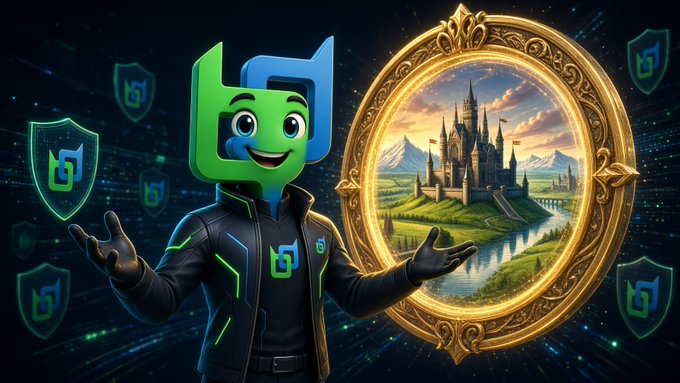 A 3D-rendered character with a green and blue logo-themed head, wearing a black futuristic jacket, gesturing toward a golden portal showing a fantasy castle landscape.