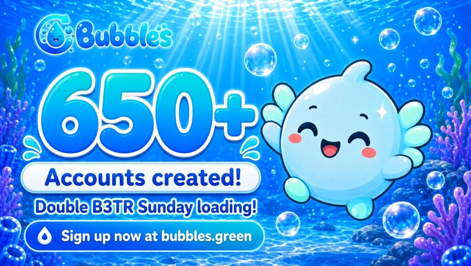 A cheerful bubbles.green promotional graphic announces "650+ Accounts created!" and "Double B3TR Sunday loading!" alongside a cute smiling blue bubble character, inviting users to sign up at bubbles.green to support their VET voting efforts.