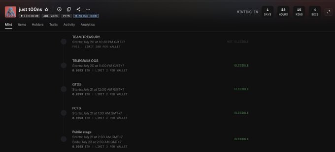 A dark-themed "Mint" page from just_t00ns (justt00ns) website displays the user's eligibility for the Ethereum-based NFT mint, with a countdown showing 1 day, 23 hours, 15 minutes, and 4 seconds remaining. All listed mint phases—Team Treasury, Telegram OGs, OGs, FOMO, and Public stage—are marked "ELIGIBLE," confirming the poster's status for the mint.
