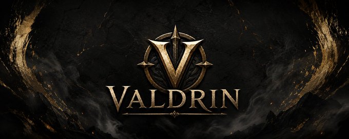 A dark, dramatic banner features the golden "VALDRIN" logo with an ornate emblem at its center, serving as a branded header to introduce the project's wallet addresses, treasury cold storage, and 100M Streamflow token contract.