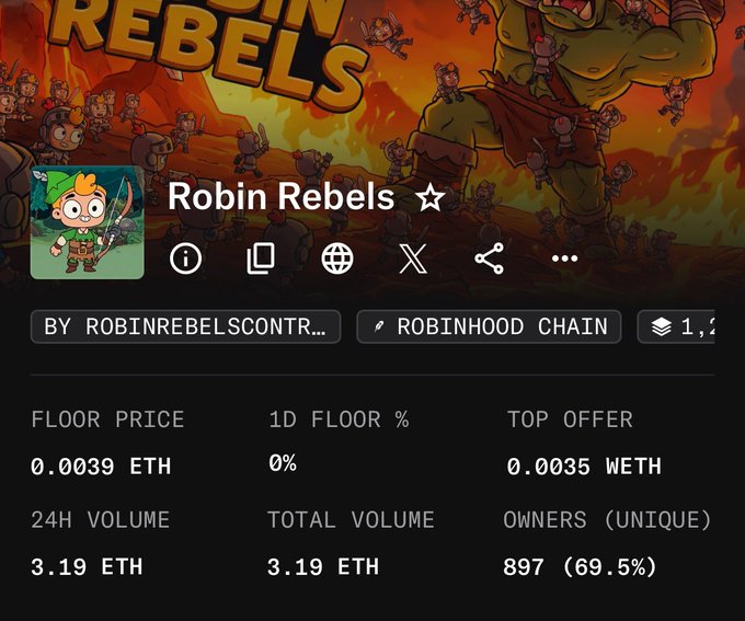 The image shows a listing page for the "Robin Rebels" NFT collection on Robinhood Chain, featuring a cartoon Robin Hood character with a floor price of 0.0039 ETH, 24H volume of 3.19 ETH, and 897 unique owners. The "currently minting" context suggests the collection is in its initial mint phase, which aligns with the relatively low trading volume and fresh launch statistics shown.