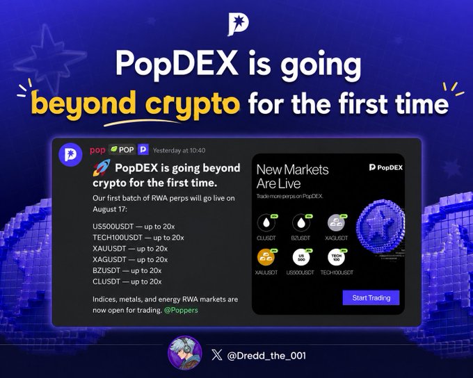 A promotional graphic for PopDEX announcing it is 'going beyond crypto for the first time' by launching Real World Asset (RWA) perpetual markets like US500USDT and XAUUSDT.
