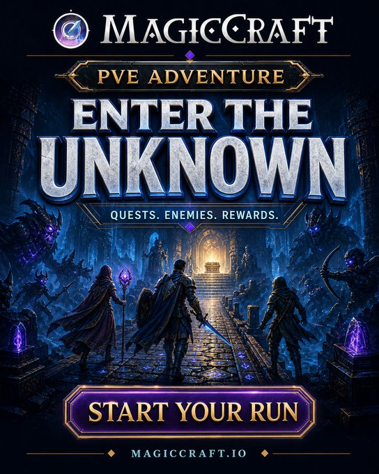 Promotional artwork for MagicCraft's PvE Adventure mode featuring three armored heroes facing a dark, dungeon-like corridor filled with shadowy enemies, with text reading "ENTER THE UNKNOWN - QUESTS. ENEMIES. REWARDS." above a glowing "START YOUR RUN" button and the magiccraft.io URL. The image directly illustrates the post's message about exploring dangerous environments, battling enemies, and testing how far a squad can progress in the game's PvE content.