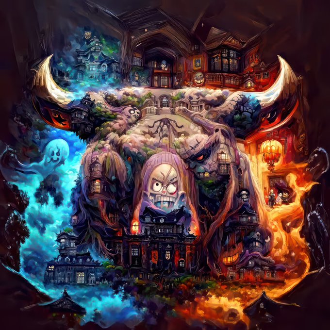 A vibrant, surreal digital artwork features a chaotic landscape of spooky buildings, ghosts, and large horns, with a menacing face emerging from the center.