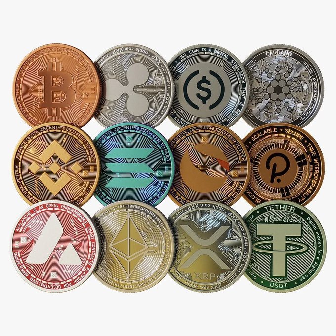 An arrangement of twelve physical cryptocurrency coins representing major digital assets, including Bitcoin, Ripple, USDC, Cardano, Binance, Solana, Monero, Polkadot, Avalanche, Ethereum, XRP, and Tether.