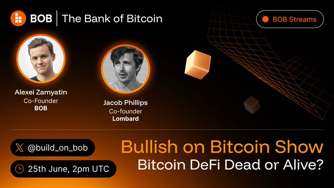 The image shows a poster for an event called "Bullish on Bitcoin Show" that will take place on June 18th at 8:00 am. The poster features two men's faces, one of whom has a name tag reading @alexeiZamyatin and another with a name tag reading @JacobPPhillips. They are sitting down together in front of a computer screen displaying the Bitcoin DeFi page. The poster also includes text that reads "Bullish on Bitcoin Show" and "Bitch on Bitcoin Show", as well as an image of a Bitcoin block chain, which is a visual representation of the blockchain technology behind Bitcoin.
