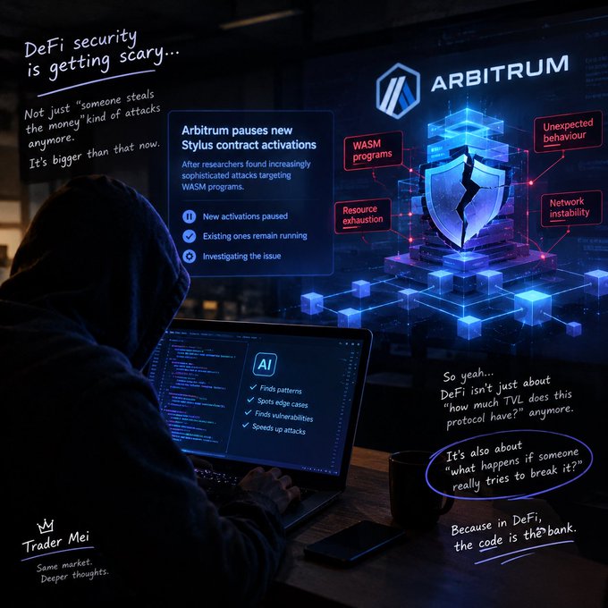 An illustrated scene shows a hooded figure working on a laptop with code, alongside news text about 'Arbitrum pauses new Stylus contract activations' and mentions of WASM programs and network instability.