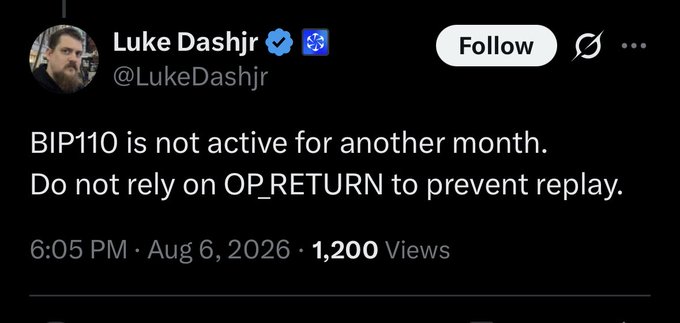 A screenshot of a tweet from Luke Dashjr (@LukeDashjr) reading "BIP110 is not active for another month. Do not rely on OP_RETURN to prevent replay." posted at 6:05 PM on Aug 6, 2026, with 1,200 Views.