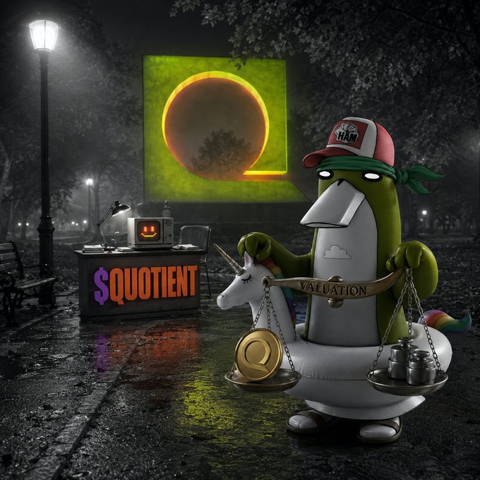 A digital illustration of a duck-like character wearing a 'HAM' cap and a unicorn floatie, holding a balance scale labeled 'VALUATION' in a park setting with a 'QUOTIENT' stand.