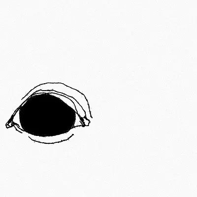 A simple, hand-drawn sketch of a single eye with a dark pupil and visible eyelid lines sits against a plain white background. The minimalist artwork, paired with a post celebrating a new NFT acquisition from "HuemansUniverse" on objkt.com, likely represents the piece titled "the beast of the burgeon - lantana."