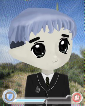An animated, chibi-style character with gray hair and large black eyes wears a dark school uniform with a crest, set against a sunny outdoor background with a game UI overlay.