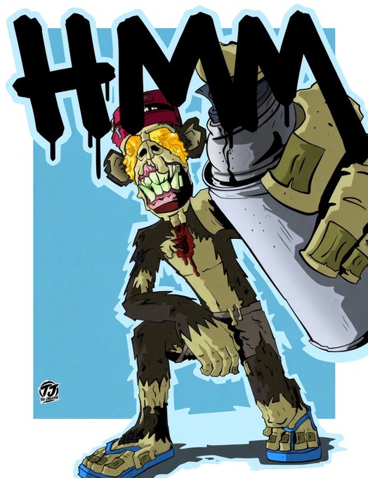 Cartoon illustration featuring a zombie-like character with blonde hair and a red cap, with bold graffiti-style text 'HHMM' at the top, sitting on what appears to be a giant finger.