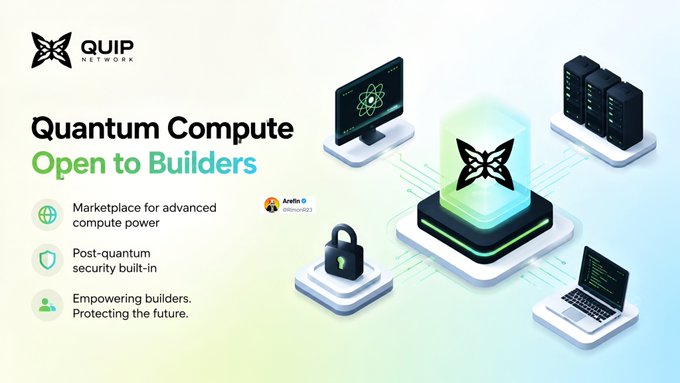 This image advertises QUIP NETWORK's "Quantum Compute Open to Builders" initiative, highlighting a marketplace for advanced compute power with built-in post-quantum security. The visuals of servers, a laptop, and a futuristic glowing cube with the QUIP butterfly logo represent accessible computing power and future security.