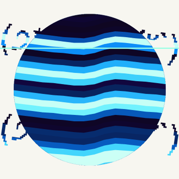 An abstract illustration of a sphere with blue wavy stripes and pixelated elements around its edges.