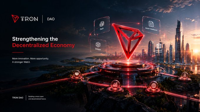 A TRON DAO promotional banner titled 'Strengthening the Decentralized Economy,' featuring icons for DeFi, dApps, Smart Contracts, and DAOs over a futuristic cityscape.