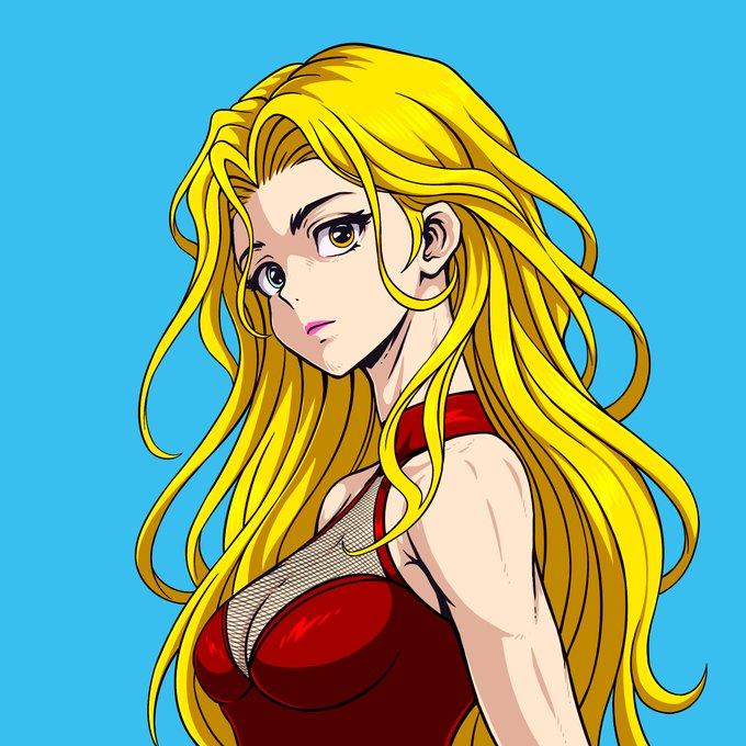 An anime-style illustration of a woman with long flowing blonde hair and heterochromia eyes (one brown, one blue-grey) wearing a red and white outfit against a solid blue background.