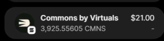 A dark interface panel shows a listing for 'Commons by Virtuals' priced at $21.00, with a balance of 3,925.55605 CMNS.