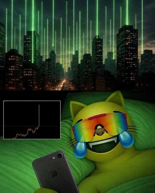 A composite image showing a dramatic cityscape with green laser beams in the sky above, and below, a crying cat emoji wearing sunglasses lying in bed next to a phone and a stock chart showing an upward spike.