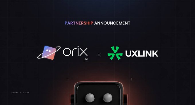 The image features a promotional poster for a partnership between two companies - Orix and @UXLINKofficial. The poster showcases an illustration of a robot with a square head and a green body, accompanied by text that announces their collaboration. The text also mentions that this partnership is aimed at strengthening communities and boosting user engagement on the Web3 platform.