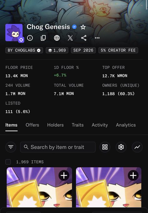 A screenshot of a digital marketplace showing a 'Chog Genesis' NFT collection with floor price of 13.4K MON, 1,969 items, and 7.1M MON total volume.