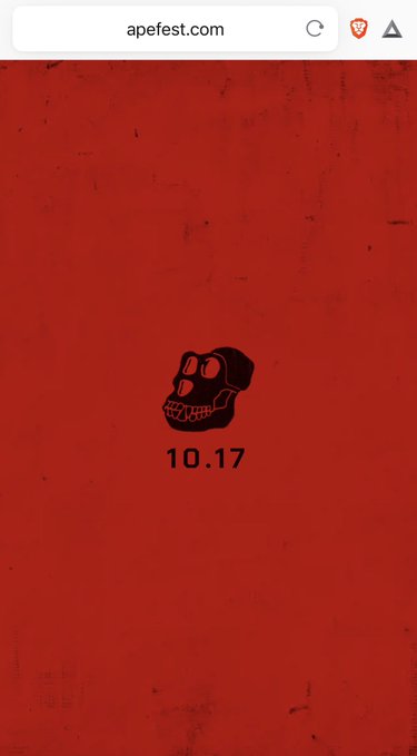 ApeFest.com mobile webpage with a red background featuring a Bored Ape skull logo and the date '10.17'.