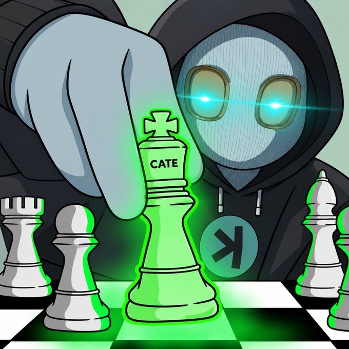 A hooded, glowing-eyed figure representing the $CATE meme community looms over a chessboard, triumphantly holding a glowing green king piece labeled "CATE" while surrounding it with other chess pieces, symbolizing the community's unstoppable momentum and dominance on the $SOL blockchain as they rally their 118,000-strong united base.