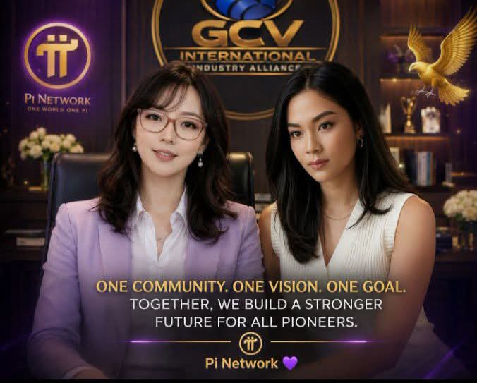 A promotional graphic for 'Pi Network' featuring two women in a professional setting with 'GCV International Industry Alliance' branding, text reading 'ONE COMMUNITY. ONE VISION. ONE GOAL. TOGETHER, WE BUILD A STRONGER FUTURE FOR ALL PIONEERS.', and a golden eagle.