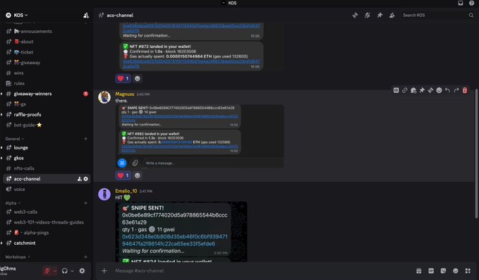 A Discord chat interface showing the 'aco-channel' in a KOS server, displaying cryptocurrency transaction messages including 'SNIPE SENT!' with addresses and gas fees from users 'Migmaeu' and 'Emaia'.