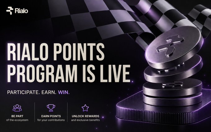 A promotional banner for the Rialo Points Program featuring the text 'RIALO POINTS PROGRAM IS LIVE' and 'PARTICIPATE. EARN. WIN.' alongside key benefits like 'BE PART of the ecosystem,' 'EARN POINTS for your contributions,' and 'UNLOCK REWARDS and exclusive benefits.'