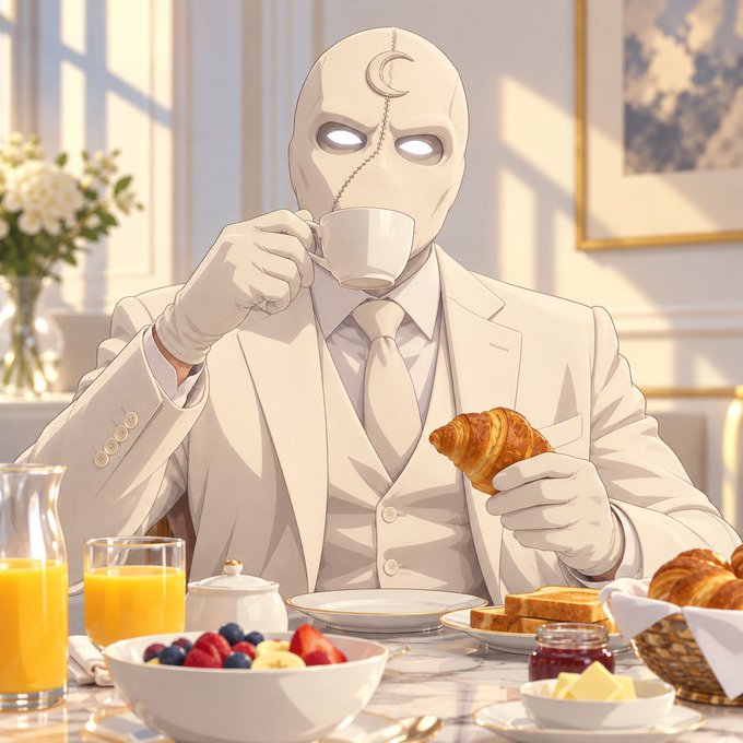 An anime-style illustration shows a masked figure wearing a white suit with a crescent moon on its mask, drinking from a teacup while holding a croissant at a table set with breakfast foods including orange juice, fruit, and toast.