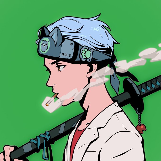 An anime-style illustration of a character with light blue hair and yellow eyes, wearing a futuristic dark visor on their forehead and a white lab coat, smoking a cigarette while carrying a katana with a small red charm on a green background.