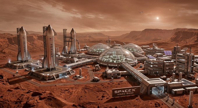 A digital illustration depicting a futuristic SpaceX Mars Base on a rust-colored landscape, featuring large dome habitats, rocket launch towers, and a sign labeled 'SPACE X MARS BASE.'