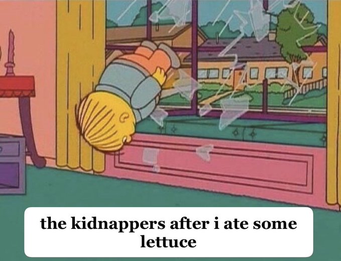 A Simpsons meme showing Ralph Wiggum crashing headfirst through a glass window with the caption 'the kidnappers after I ate some lettuce'.