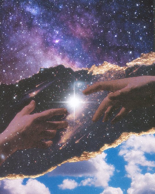 A surreal collage artwork featuring two hands reaching toward each other across a cosmic galaxy scene, reminiscent of Michelangelo's Creation of Adam, with a glowing star between them and torn paper edges showing a blue sky with clouds.
