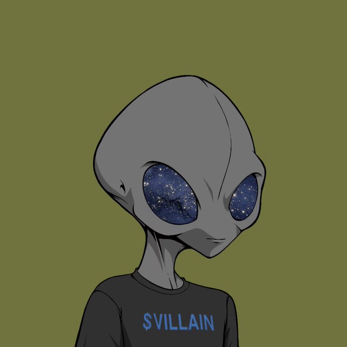 An illustration of a grey alien with galaxy-filled eyes wearing a black t-shirt that reads "$VILLAIN" in blue text, set against an olive green background.