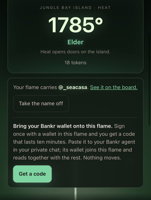 A digital interface showing a "Jungle Bay Island · Heat" card with "1785°" titled "Elder," with options to "Take the name off" and "Get a code" via Bankr wallet.