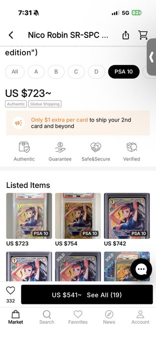 A mobile marketplace listing for 'Nico Robin SR-SPC' cards priced around US $723-754, showing PSA 10 graded items.