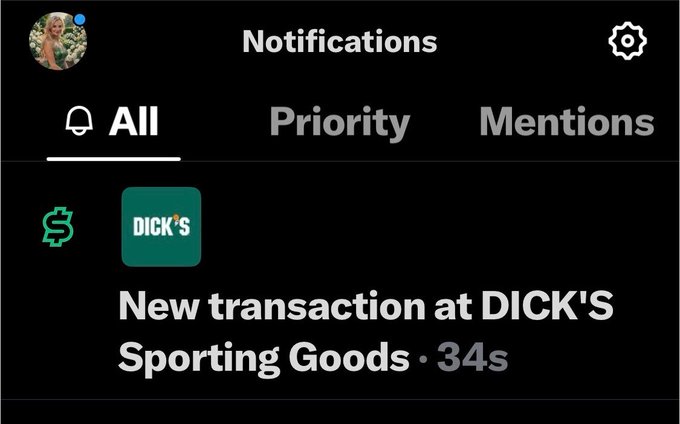 A mobile notifications screen displaying a 'New transaction at DICK'S Sporting Goods' alert from 34 seconds ago, with navigation tabs for All, Priority, and Mentions.