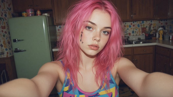 A young woman with vibrant pink hair and a small face tattoo takes a selfie in a kitchen, wearing a colorful patterned tank top.