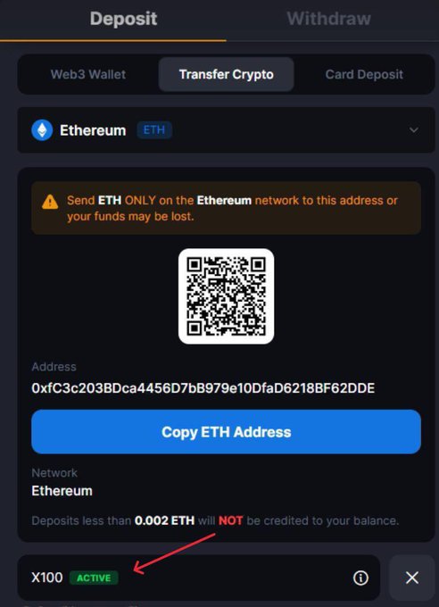 This image shows the MetaWin deposit screen for Ethereum, highlighting the active "X100" code for their 100% first deposit match, as mentioned in the accompanying post.