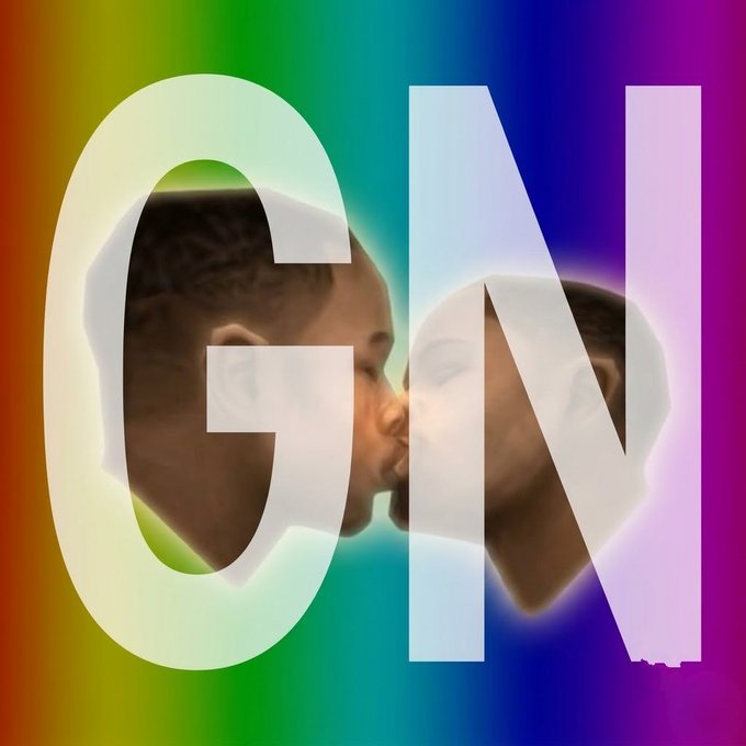 A graphic showing two faces kissing inside large white letters 'GN' set against a colorful rainbow gradient background.